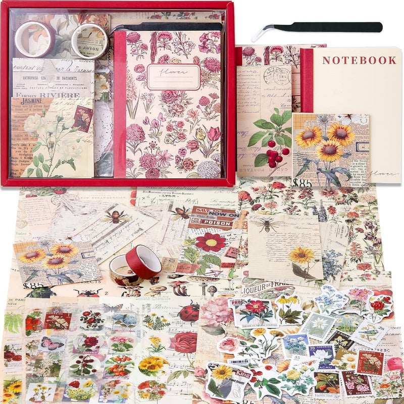emmoolife Vintage Aesthetic Scrapbooking Supplies Kit, Flowers Botanical Bullet Junk Journal Kit with Journaling Supplies, Tweezers, A6 Grid Notebook,Stationery,Sticker, Birthday Craft Gift for Adult - Image 1